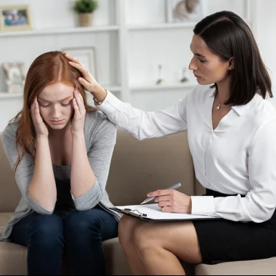 Девушка держится за голову и ее успокаивает психолог